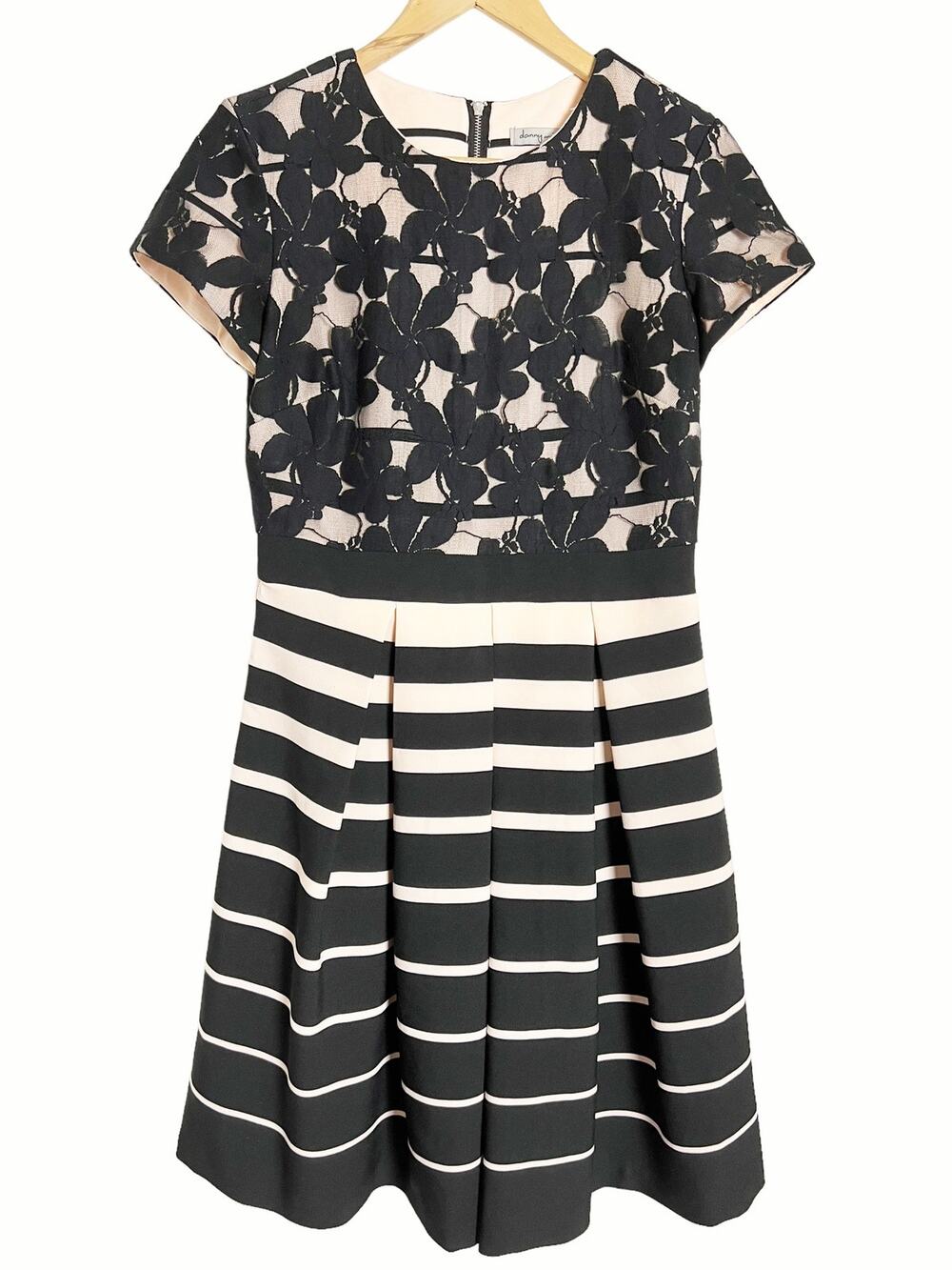 Danny and Nicole Black Pink Striped Floral Lace Pleated A-Line Cocktail Dress 6